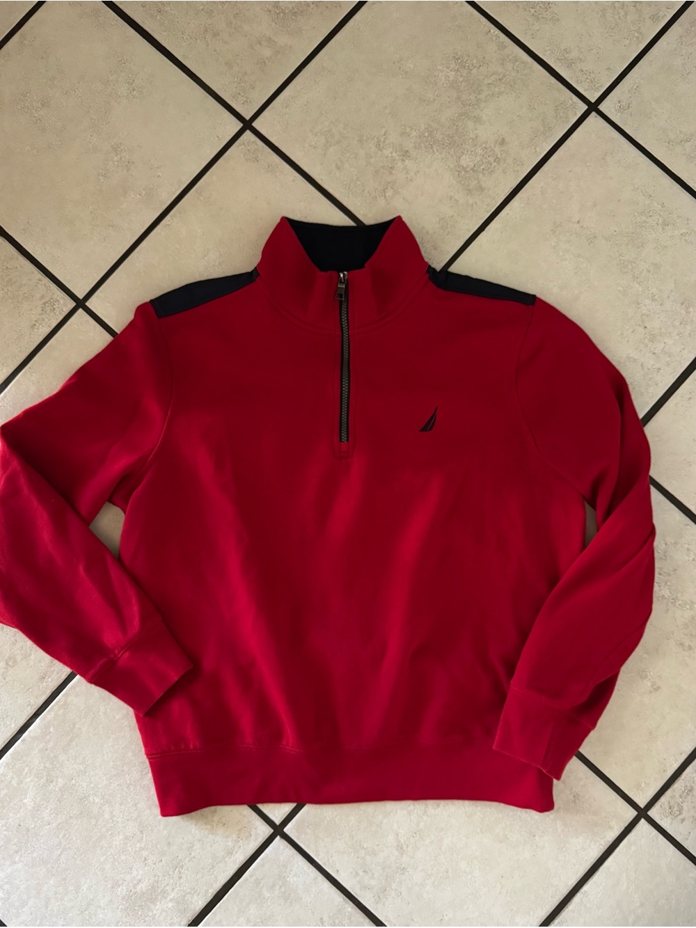 Nautica Red Men’s Quarter-Zip Sweatshirt with Navy Shoulder Accents